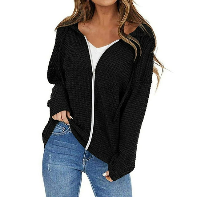 Baberdicy Cardigan Sweater Ladies Drawstring Hooded Solid Color Zipper Long Sleeve Cardigan Women's Cardigans Black