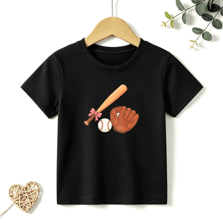 Girls Graphic Tees Baseball Bat Glove Pink Bow Kids T Shirt Sports 100% Cotton Short Sleeve Soft Tops 4-13Y
