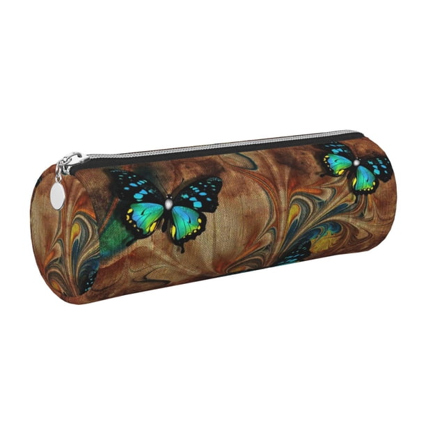 Easygdp Vintage Butterfly Green para Estuche de Lápices Cilíndrico de Cuero con Cremallera, Organizador de Lápices de Cuero para Escuela, Oficina y Viajes
