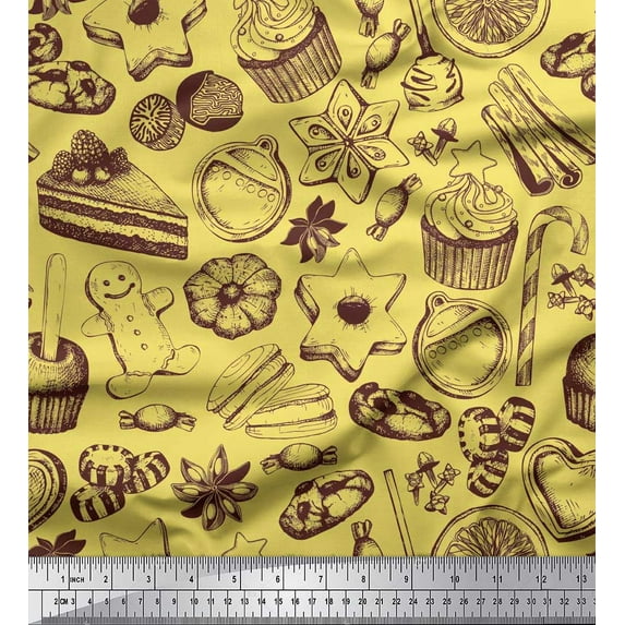 Soimoi Satin Silk Fabric Cupcake,Cookies & Candies Food Printed Fabric 1 Yard 42 Inch Wide