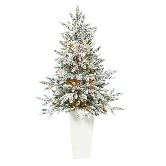 Nearly Natural 44" Flocked Spruce Artificial Christmas Tree in Planter, Prelit with 50 Lights