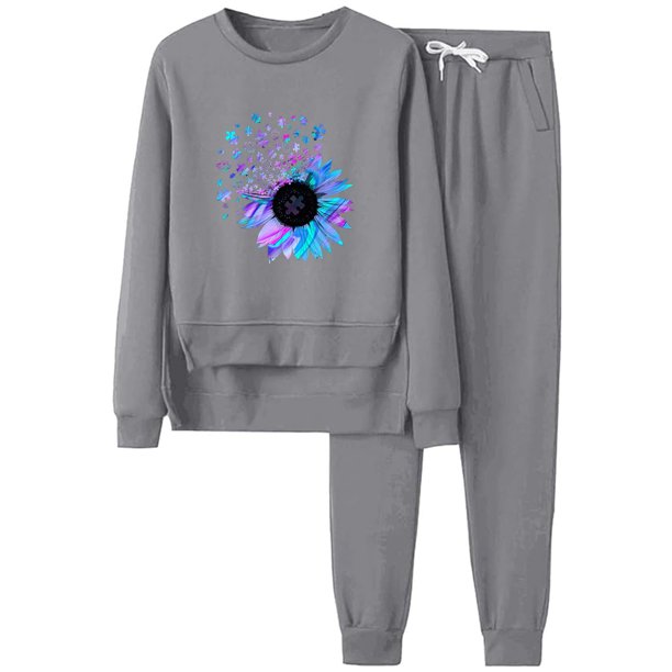 Gibobby Set Pants y Sudadera Mujer Trajes informales con estampado de girasoles, cuello redondo, manga larga y pantalones largos para mujer, para las temporad(Gris,CH)