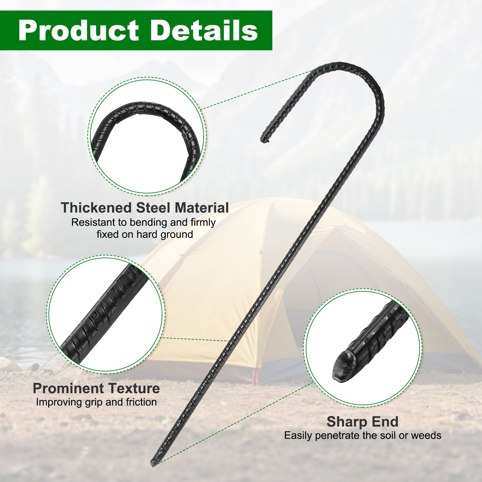 10 Pack Ground Stakes Heavy Duty J Shaped Stakes, 12 Inch Steel Tent Pegs 0.24" Dia J Hook Ground Anchors Link Fence Spikes with Chisel Point End for Garden Camping Gazebo, Black