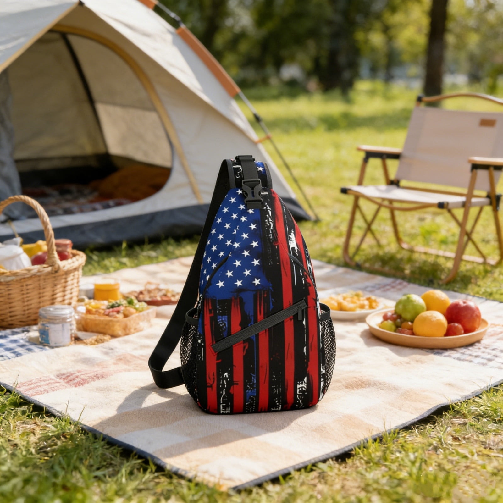 4th of July Crossbody Sling Bag Patriotic Chest Bag Red White Blue Star Stripe Shoulder Backpack for Men Women Travel Hiking Casual Daypack