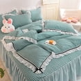 thumbnail image 1 of Juego de cama de color sólido con forma de corazón para niña coreana, falda de cama de algodón estilo princesa, sábana plana tamaño queen, funda de edredón y funda de almohada, 1 of 6