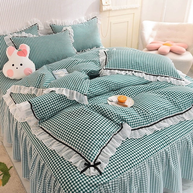 Juego de cama de color sólido con forma de corazón para niña coreana, falda de cama de algodón estilo princesa, sábana plana tamaño queen, funda de edredón y funda de almohada