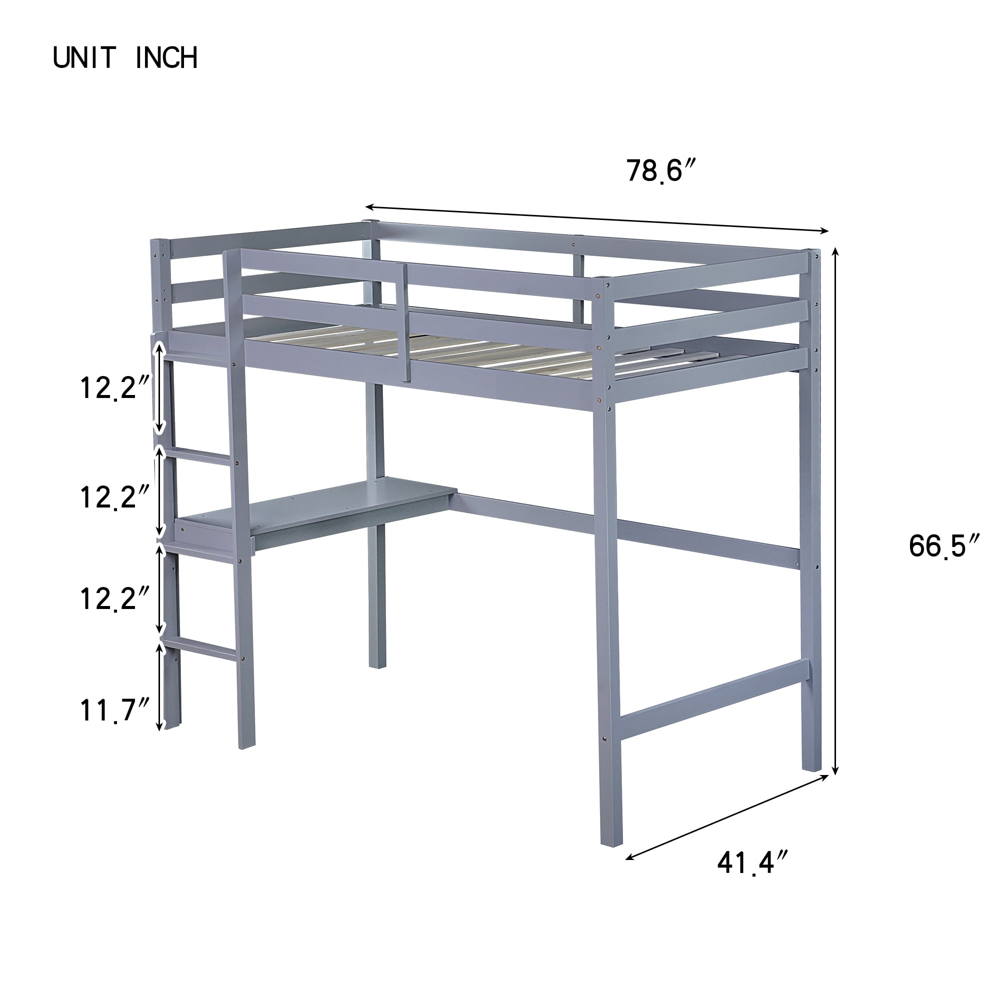 Miniyam Kids Loft Bed with Desk, Wood Loft Bed Frame with Guardrails, Ladder and Slats, Gray
