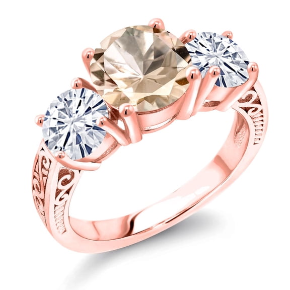 Gem Stone King 18K Rose Gold Plated Silver Peach Morganite and White Moissanite Engagement Ring for Women | 3.30 Cttw | Round 8MM | Gemstone October Birthstone | Size 5