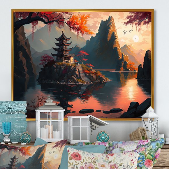 Designart art Mural Encadré Paysage Japonais, Oasis Insulaire Architectural Marvel I, Décor Mural Encadré Paysage Japonais Grand, art Mural Traditionnel Blanc Encadré Or, Cadre Doré 20x12 Pouces
