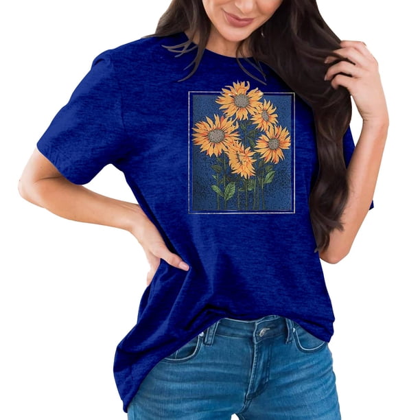 Ploknplq Plus Size Graphic Tees for Women,Shirts for Women,T Shirts for Women,Dandelion Graphic T Shirts Teen Cute Sunflower Print Tops,Graphic T-shirts,Beach Vacation Clothes for Women Blue S