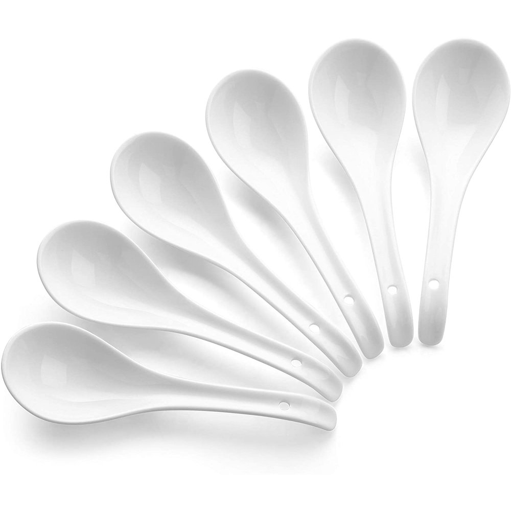 DOWAN White Porcelain Ceramic Soup Spoons Glossy with Long Handle Pack