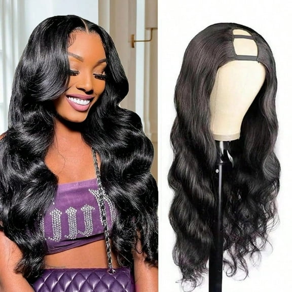U Part Human Hair Wig Body Wave 18 Inch Brazilian Virgin Hair Glueless Wigs 100 Real Human Hair 180 Density U Part Wig For  U Part Wig Human Hair Upart Half Wig Natural Black Color