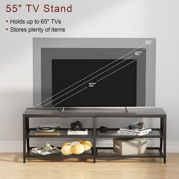 TV Stand for TV up to 65 Inch, Long 55" TV Cabinet with 3-Tier Storage Shelves,Entertainment Center TV Console Table for Living Room with Industrial TV Metal Frame, Black Oak