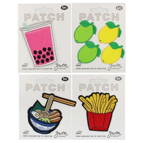 Gwen Studios Embroidered Food Icon Iron-on Patch Appliques, Bubble Tea, Pho, Fries, Lemons and Limes, 7PC