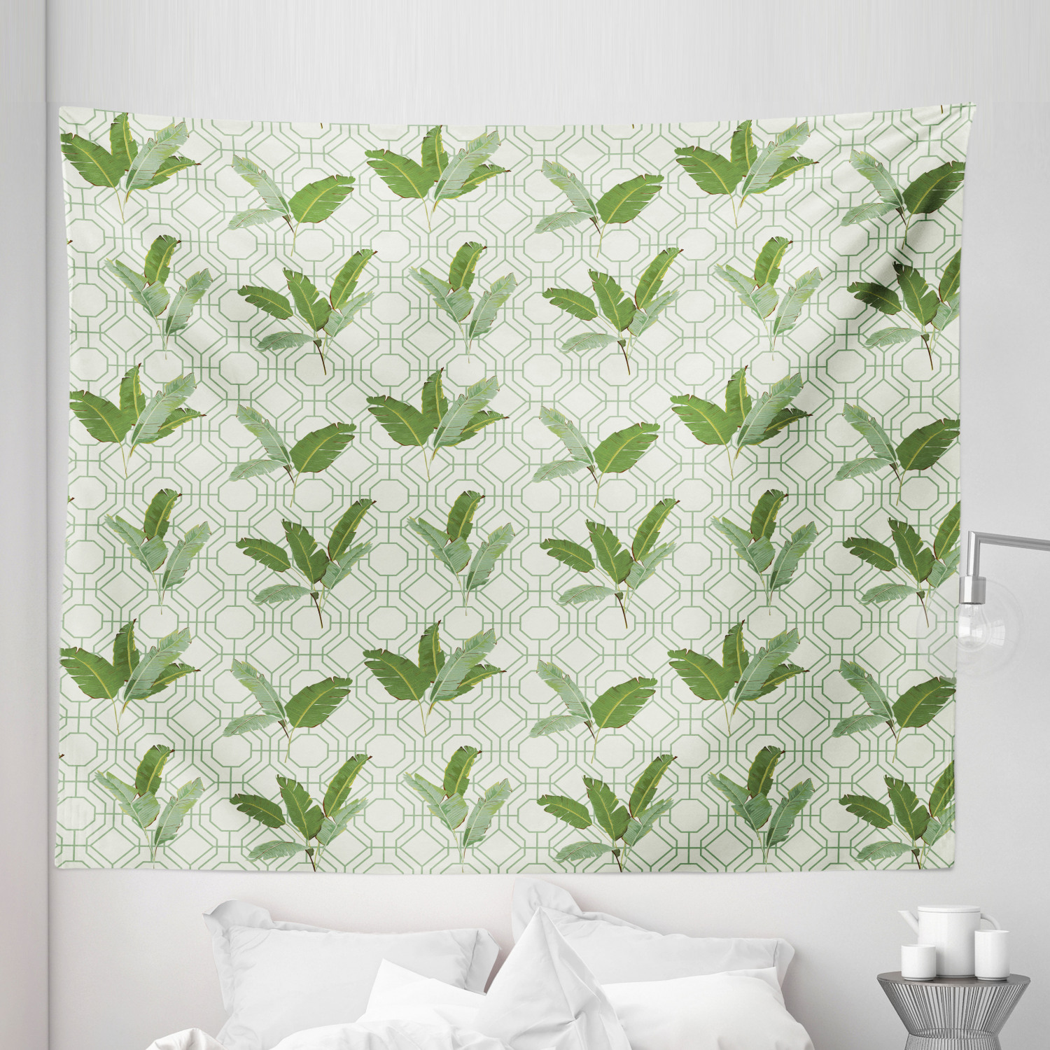 Retro Tapestry, Large Evergreen Palm Leaves on Retro Hexagonal ...