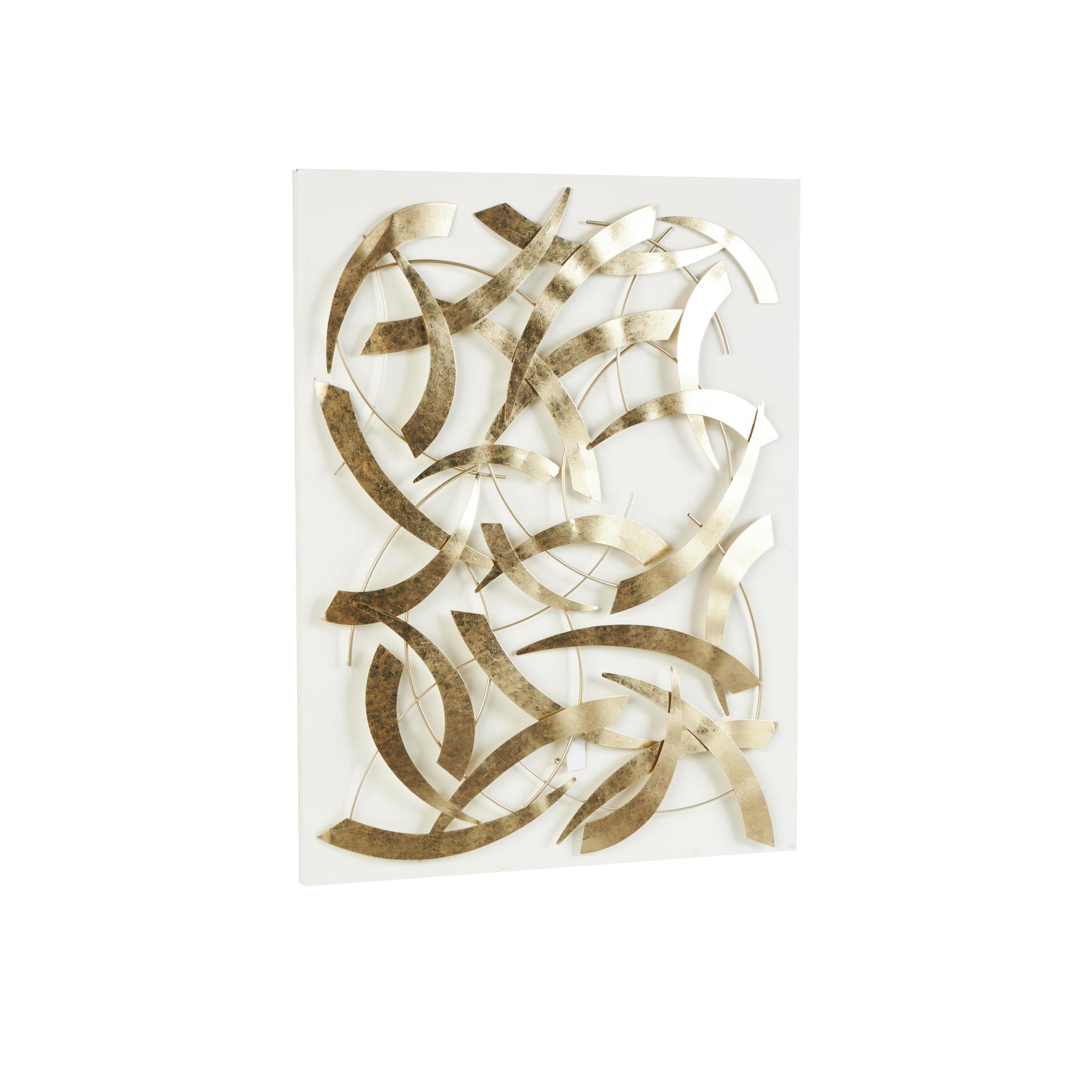 DecMode Gold Metal Metallic Curved Rod Abstract Wall Decor with White Wood Backing