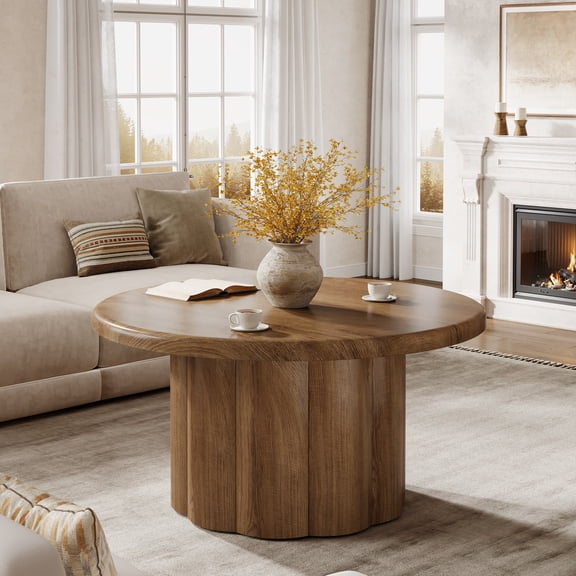 Tribesigns Round Coffee Table, 31.5" Cocktail Table with Fluted Drum Base, Circle Table for Living Room