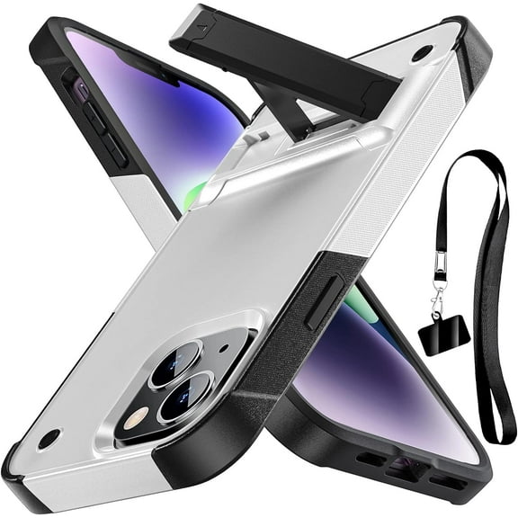 for iPhone 14 Case & iPhone 13 Case, Heavy Duty Shockproof Protective Case,Military Grade Protection,Scratch Resistant,Slim Thin Case,with Stand,with Lanyard,White 6-IP13-02