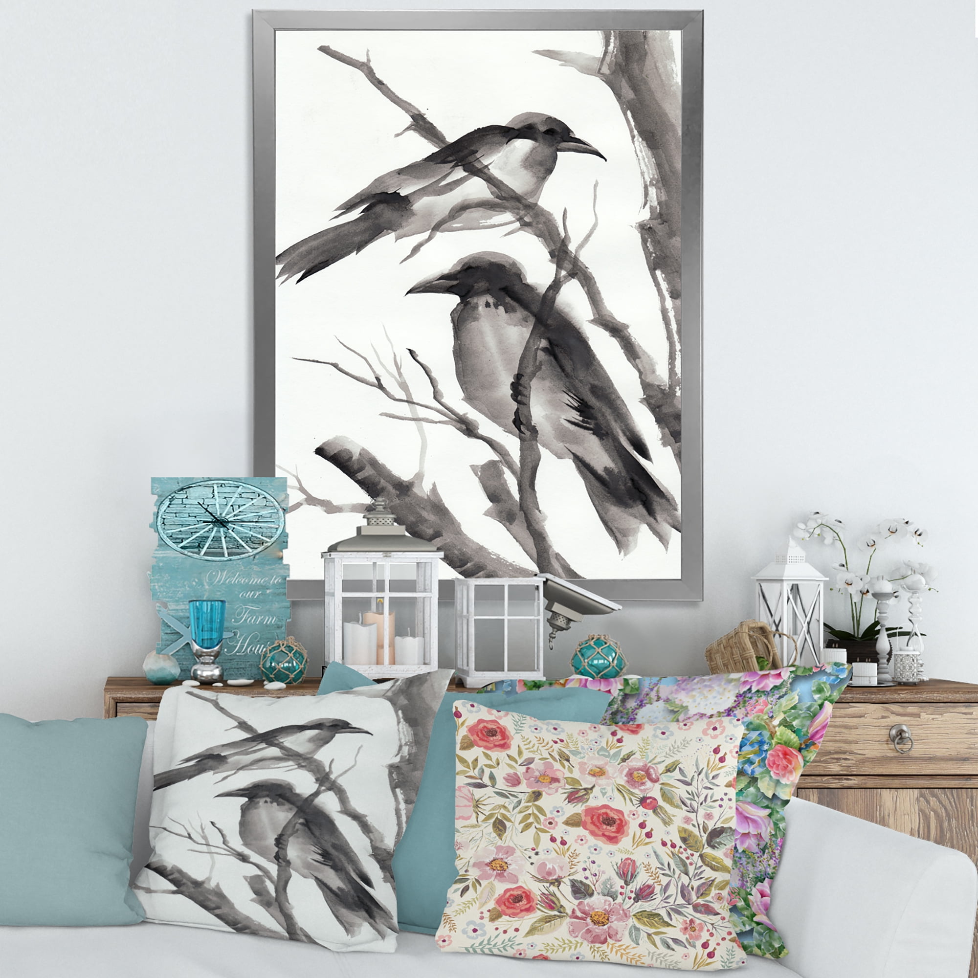 Designart 'Vintage Black and White Sleeping Crows' Traditional Framed Art Print