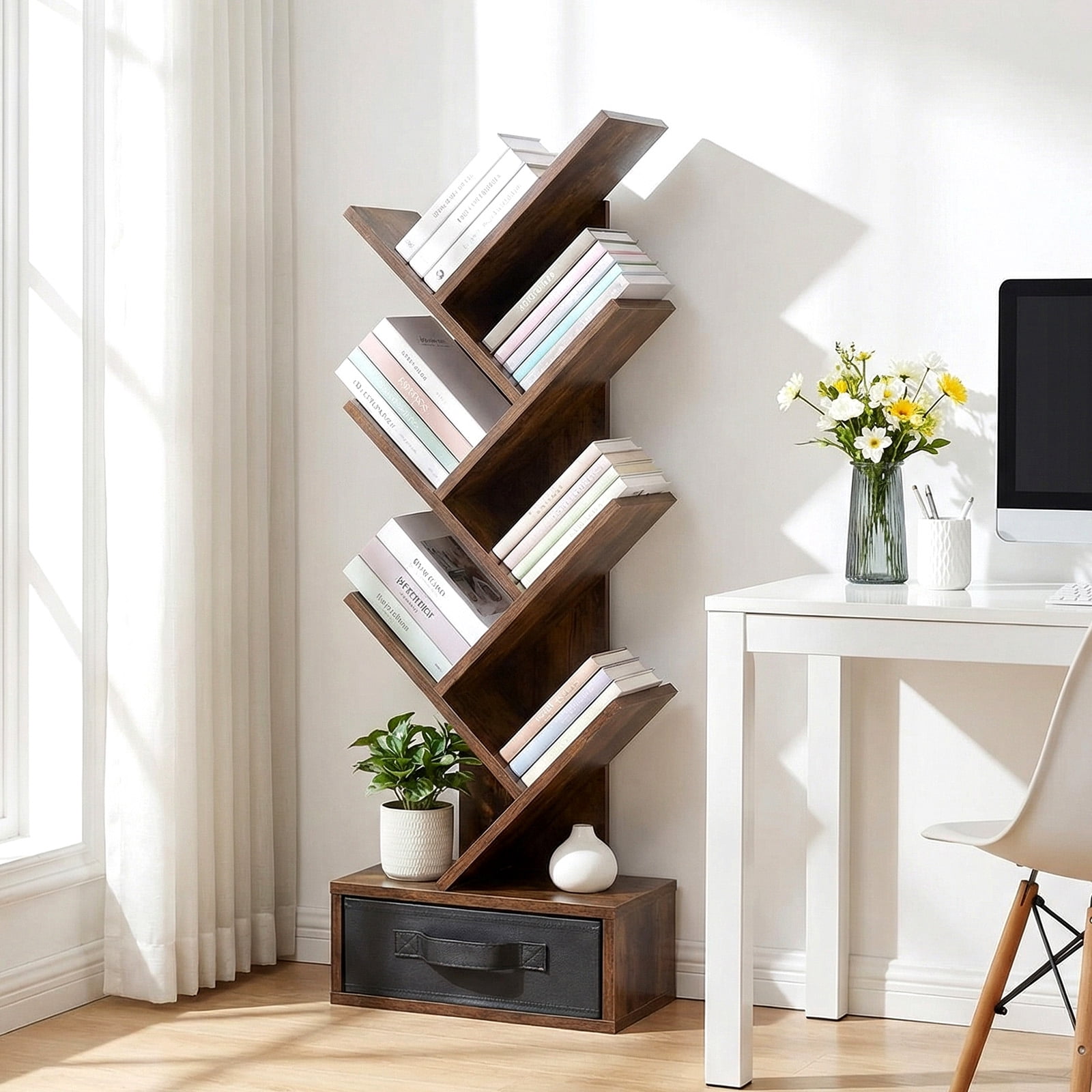 7 Tier Tree Bookshelf, Sturdy Bookcase with Storage Drawer Cabinet, Book Organizer Shelves for Home Office