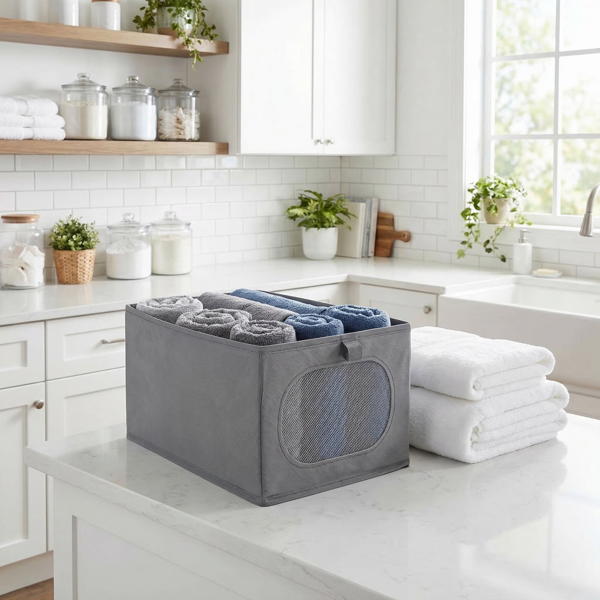 Unique Bargains Fabric Storage Bin With Bottom Dark Grey 15.7*9.8*7.9in