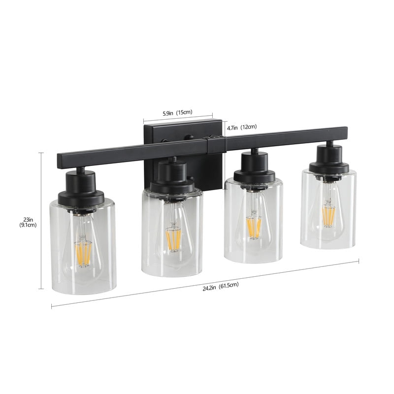 24" Black 4-Light Bathroom Vanity Light Fixture, Industrial Wall Sconce with Clear Glass Shades for Bathroom Lighting Over Mirror, Bedroom, Hallway – E26 Base (Bulbs Not Included)