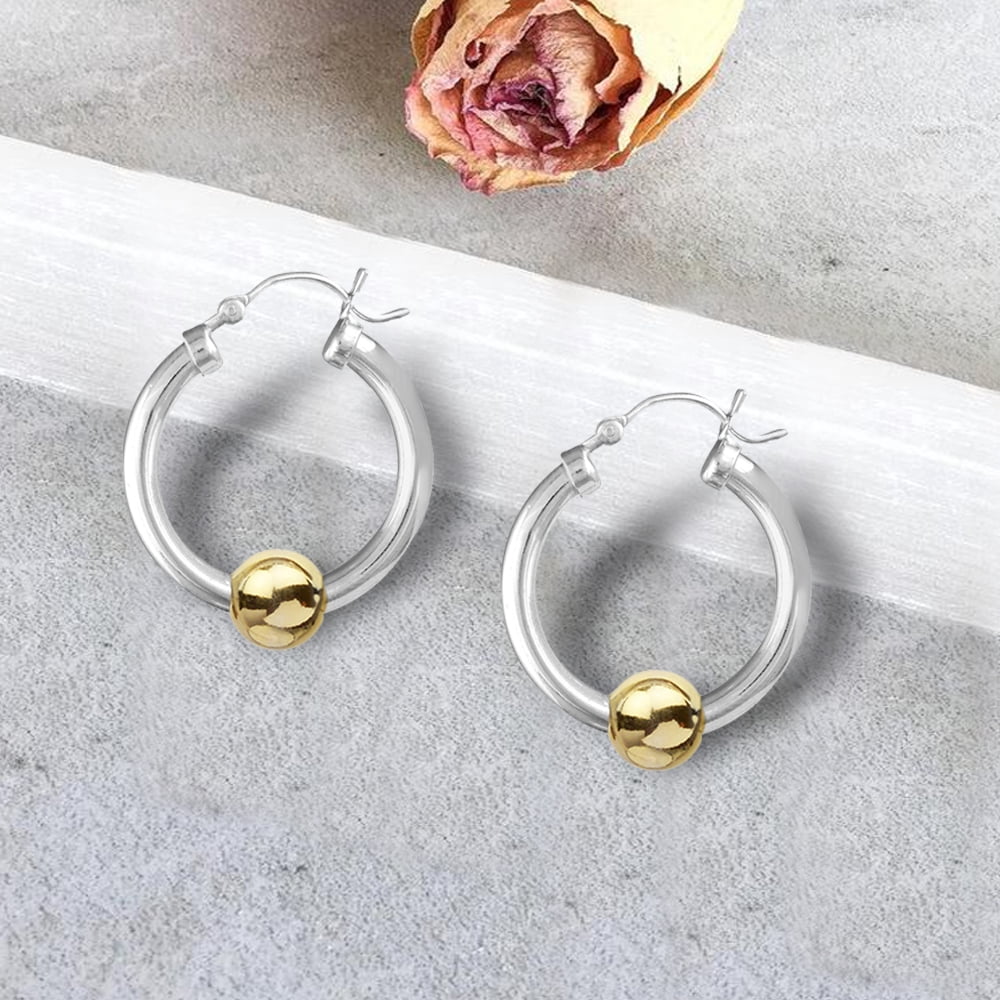 LeCalla 925 Sterling Silver Jewelry Light-Weight Click Top Bead Hoop Earrings for Women and Teen 25MM
