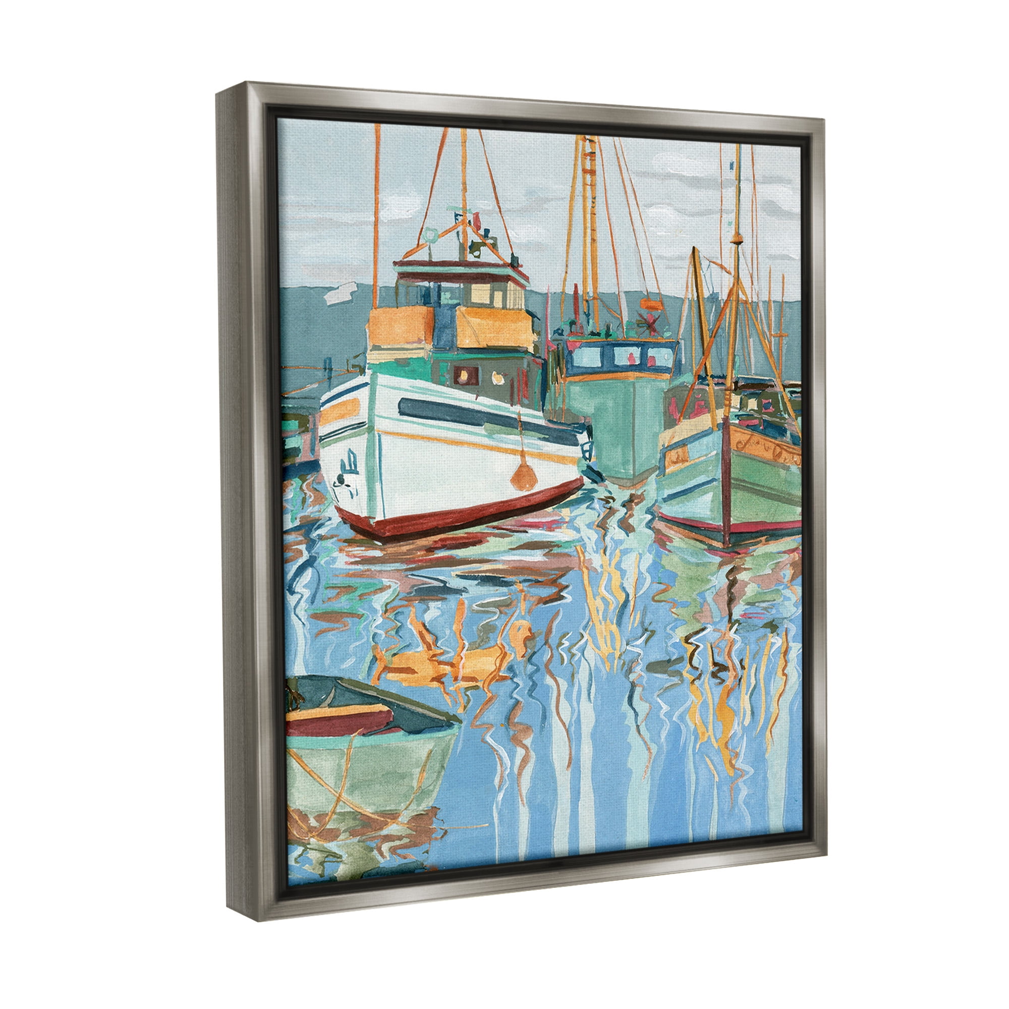 Stupell Industries Boat Harbor Reflections Transportation Painting Gray Floater Framed Canvas Art Print Wall Art, 25 x 31