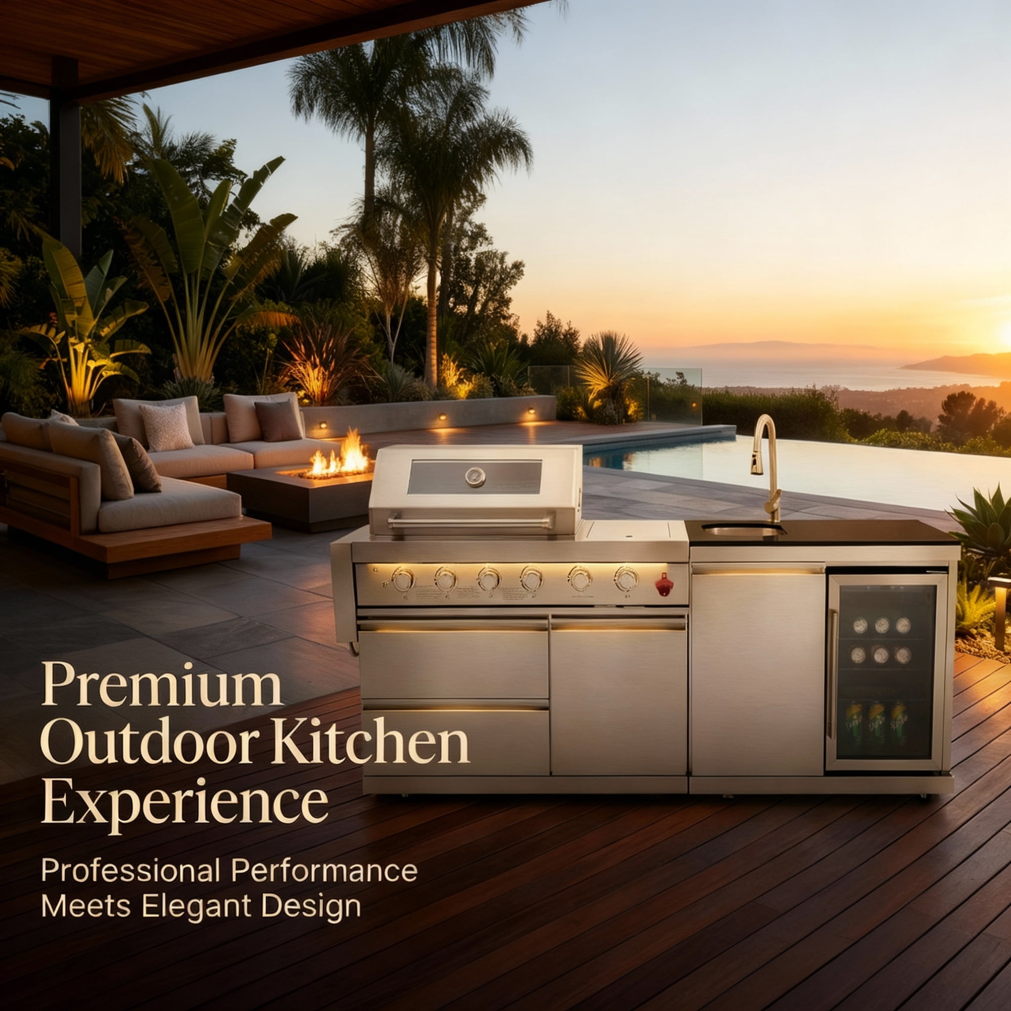 Outdoor Kitchen Sink & Fridge Combo, 70L Stainless Steel Refrigerator with Pull-Down Faucet, Black Granite Countertop, Modular BBQ Island Cleaning Station