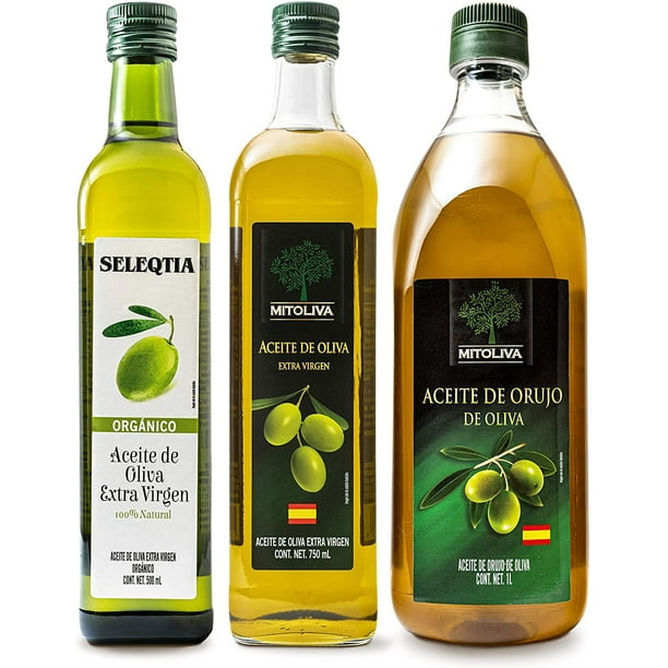 3 PACK de Aceites (Aceite de Oliva Extra Virgen de 750 ml MITOLIVA, Aceite de Orujo de Oliva de 1 L MITOLIVA y Aceite de Oliva Extra Virgen Organico de 500 ml SELEQTIA) Mitoliva/Seleqtia PACK