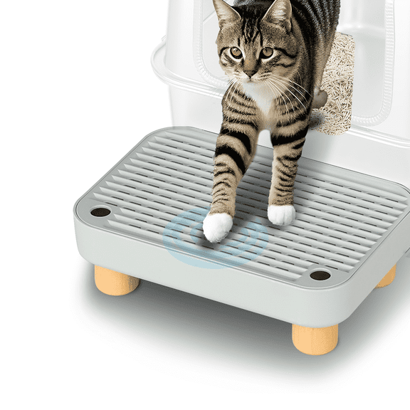 TIUUBT Litter Box Step(Light Grey), Litter Box Ramp/Catcher with Wooden Base, Ideal for Small & Elderly Cats, Anti-Tracking & Easy to Clean