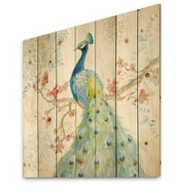 Designart 'peacocks Watercolor II' Traditional Print on Natural Pine Wood
