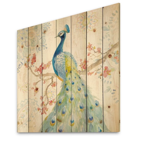 Designart 'peacocks Watercolor II' Traditional Print on Natural Pine Wood