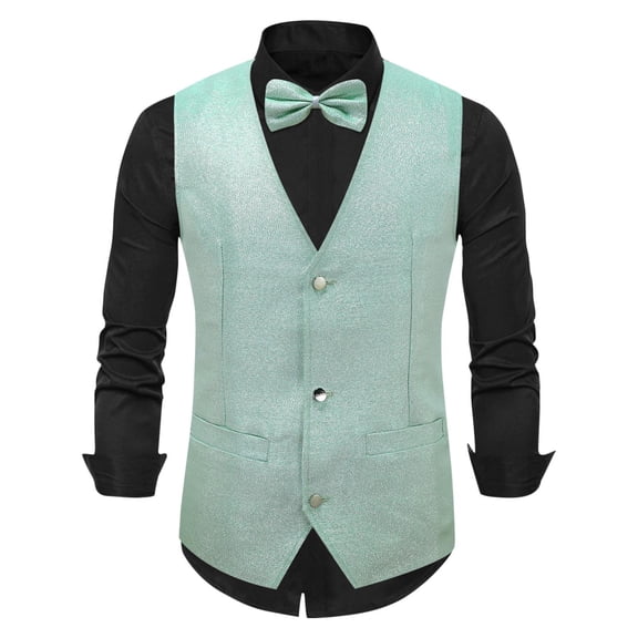LMOIPLI Men Shiny Fabric V Neck Single Breasted Formal Waistcoat Wedding Banquet Party Layer Vest Green L