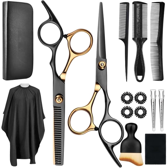 Professional 15Pcs Hair Cutting Kit, Stainless Steel Barber Scissors Set with Thinning Shears, Hairdressing Razor & Accessories for Salon Home Use Men Women Adults