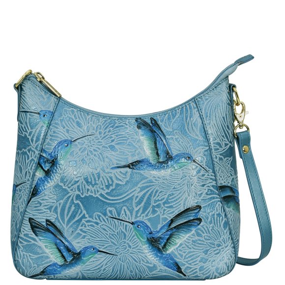 Anuschka Women’s Genuine Leather Zip- Top Shoulder Hobo| Hand Painted Original Artwork | Tooled Birds Sky