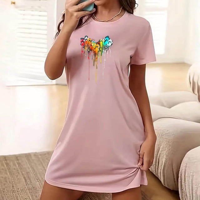 Drppepioner Nuisette Courte Surdimensionnée pour Femme, Mode, Imprimé sur la Poitrine, Robe de Nuit à Manches Courtes, Chemise de Nuit à Manches Courtes, Nuisette Décontractée Rose