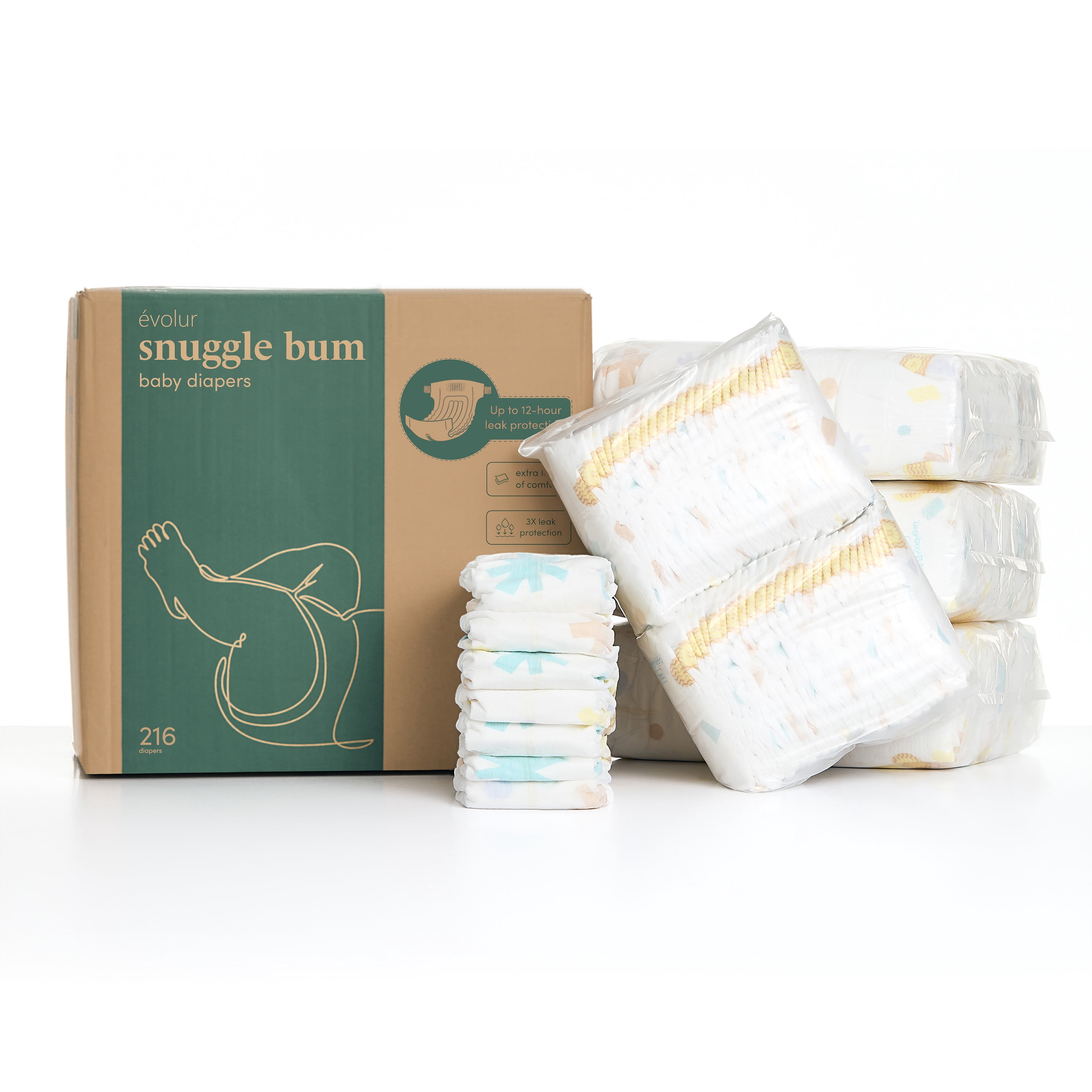 Evolur Snuggle Bum Baby Diapers - Size 1, 216 Count, for Newborns (6.6 lbs - 13 lbs), Ulta Absorbent Diapers Newborn Baby