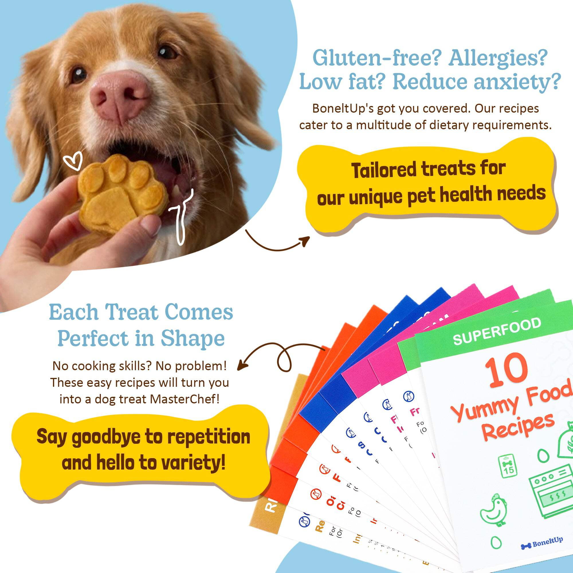 BoneItUp Homemade Dog Treat Mix – DIY Dog Treat Kit with Silicone Molds, Cookie Cutters, Recipe Book & Gift Bags – Bake Fresh Treats at Home, XL for Big Dogs