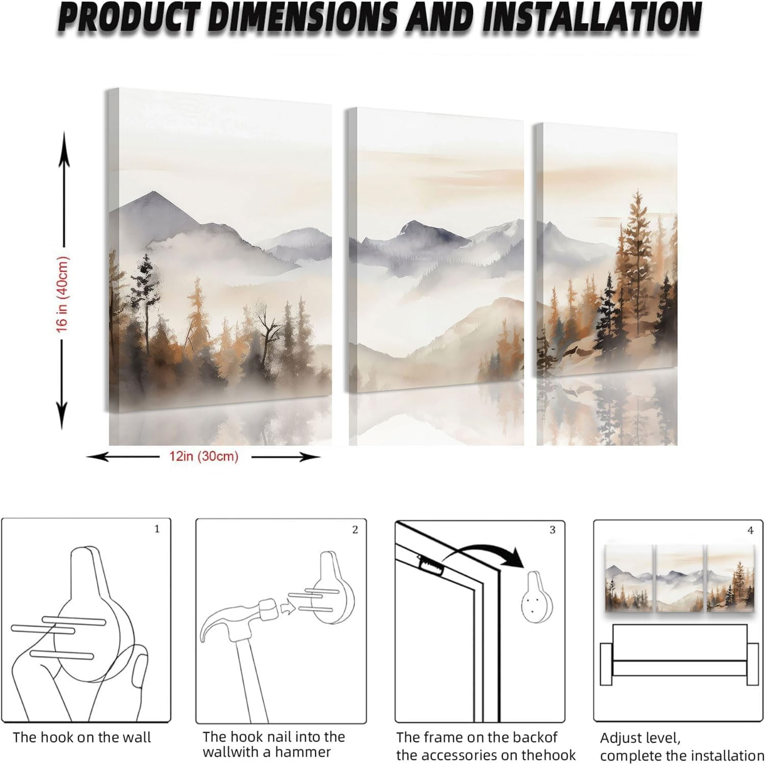Mountain Wall Art,Mountain Wall Decor,Neutral Landscape Canvas Wall Art, Forest Painting Prints Set of 3 Nature Watercolor Picture Poster for Living Room Bedroom Bathroom 12"x16" Framed