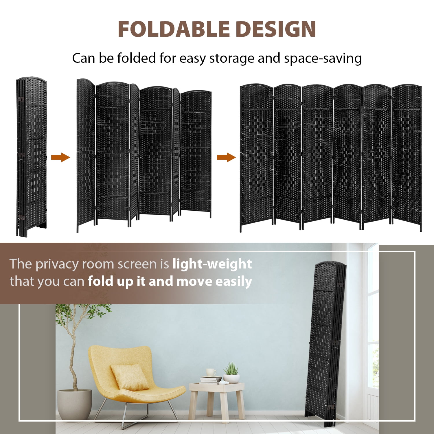 FDW 6 Panel Folding Privacy Room Divider Screen, 70" Tall, Black