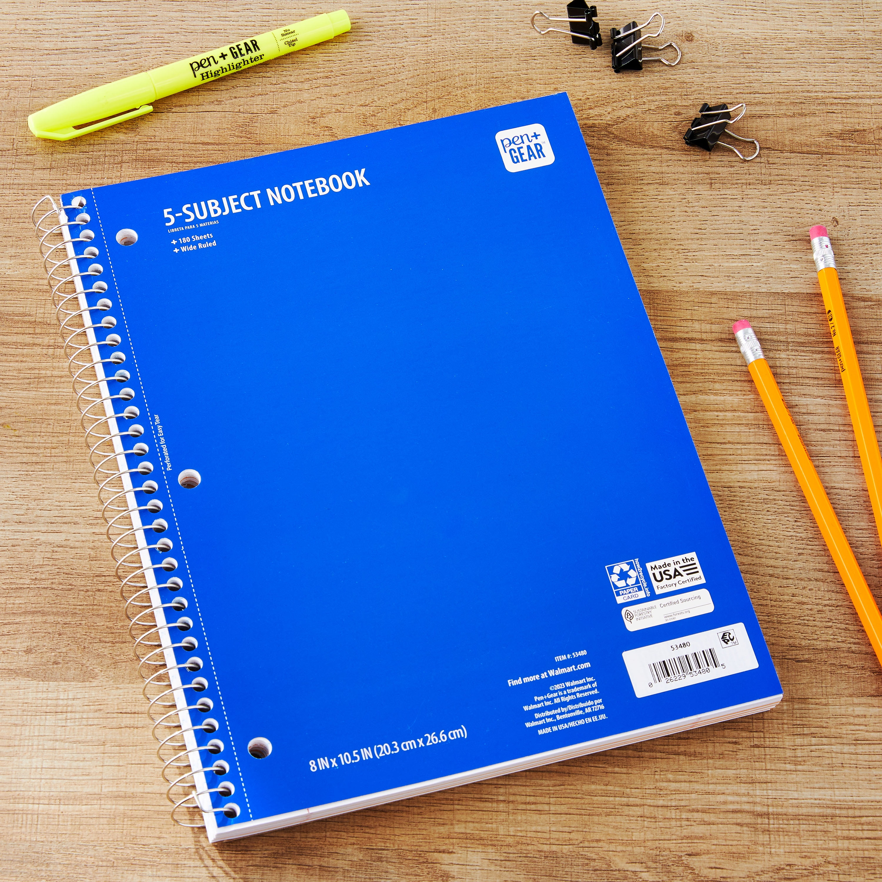 Pen+Gear Wide Ruled 5-Subject Notebook, 8" x 10.5", Blue, 180 Sheets