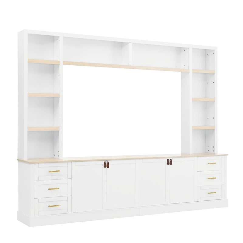 4-Piece Entertainment Center with Bookshelves for TV Up to 75", 102.3"W Farmhouse TV Stand with 6 Drawers and Adjustable Shelves for Living Room