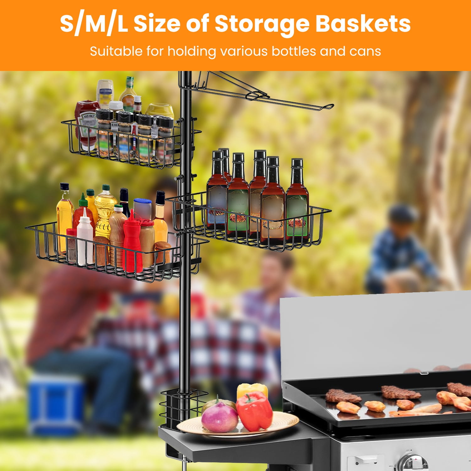 Upgraded BBQ Griddle Caddy Rack with Paper Towel Holder, Carbon Steel Grill Storage Organizer with S/M/L Baskets & 10 Hooks, Clamp on Design for Outdoor Grilling