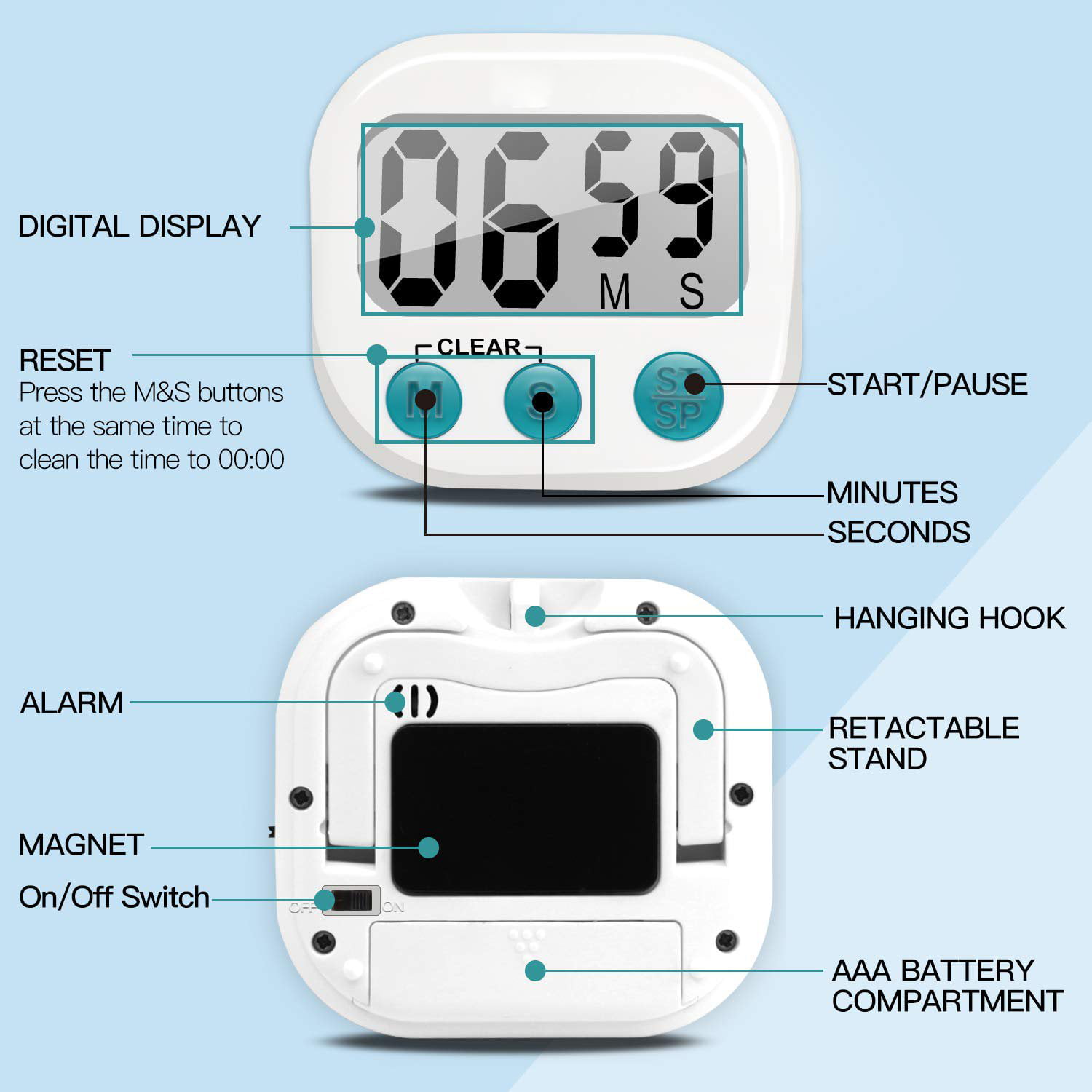 1Piece Multi-Function Electronic Timer, Kitchen Timer, Stopwatch Count Up  and Down,Management Timer, Suitable for Kitchen, Study, Work, Exercise  Training, Outdoor Activities(White) 