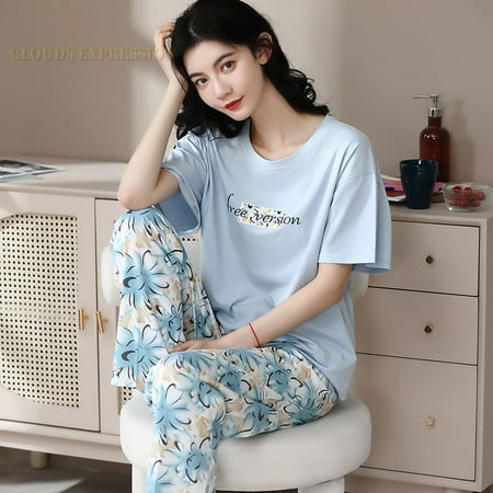 

QWZNDZGR Spring Summer Elegant Floral Womens Pajama Sets Sexy Black Nightwear Casual Pyjama Long Pants Sleepwear Suits Homewear Fashion