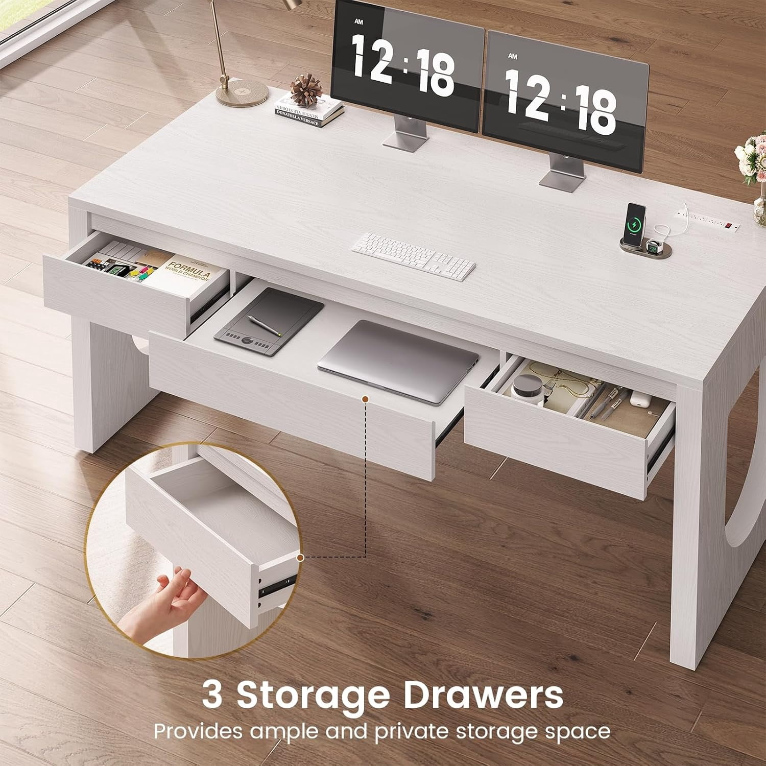 SEDETA 55" Office Desk with 3 Drawers, Modern Executive Desk with U-Shaped Legs, Wood Computer Desk with Power Outlet, Home Office Desks with Relief Texture, White