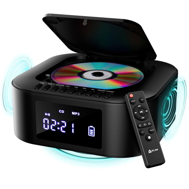 KLIM Boombox E1 - Reproductor de CD Sistema de Audio Portátil + Extra BASS con Subwoofer + Radio FM, CD MP3 Bluetooth AUX USB + Modo Alámbrico e Inalámbrico Batería Recargable + Mando a Distancia