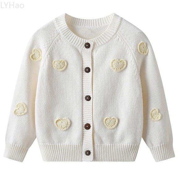 LYHao Girls Knit Cardigan Sweater Handmade Heart Design Casual Spring Fall Winter Top Outerwear For Toddler Kids Soft Comfortable For 1 12 Year Old Girls Sizes 3-4 Years(Beige)