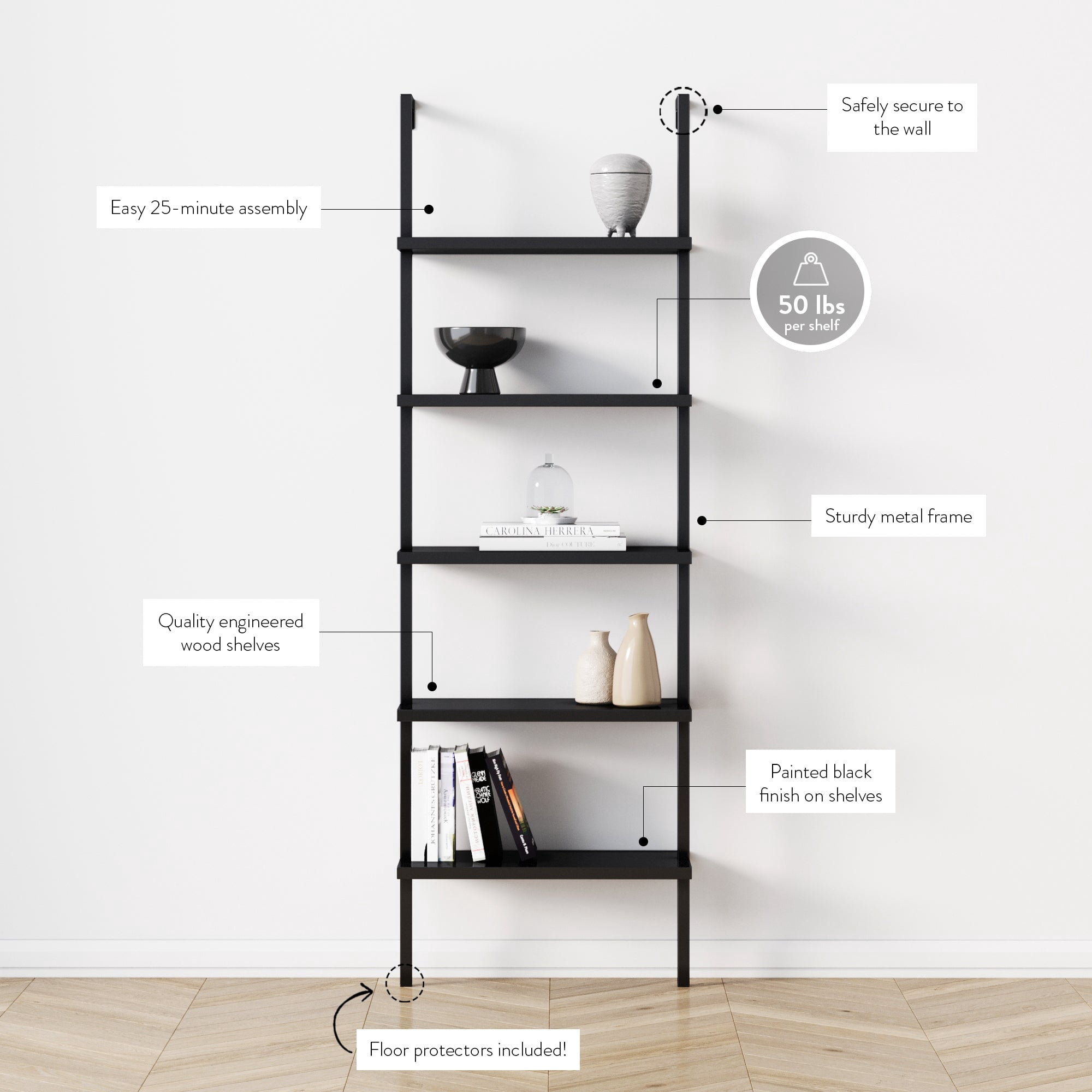 Nathan James Theo Industrial 5-Shelf Black Ladder Bookcase with Black Open Shelves and Black Metal Frame